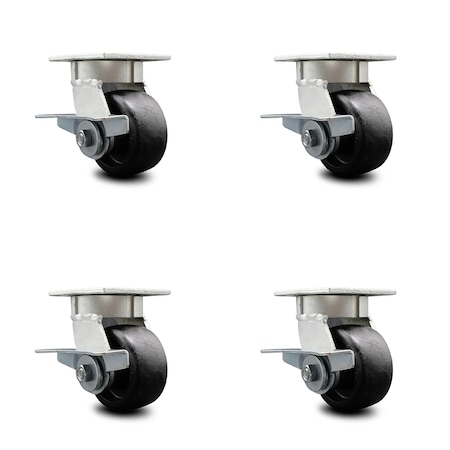 Service Caster 4 Inch Kingpinless Glass Filled Nylon Wheel Swivel Caster Set with Brakes SCC SCC-KP30S420-GFNR-SLB-4